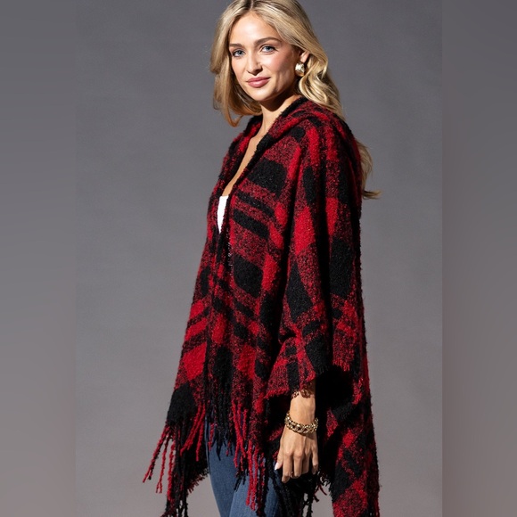 Plaid Red Black Hood Shawl NWT - Picture 3 of 8